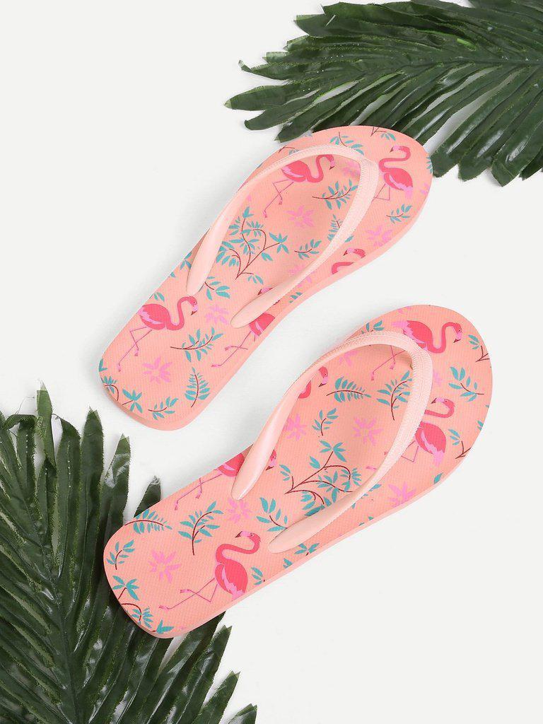 Flamingo Print Flat Slippers-shoes-Des Mess