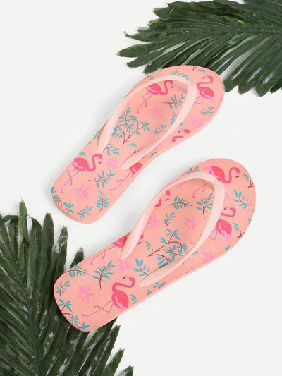 Flamingo Print Flat Slippers-shoes-Des Mess
