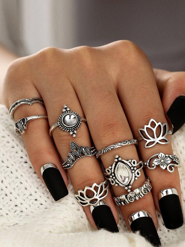 Flower Detail Gemstone Rings Set 10pcs-jewelry-Des Mess