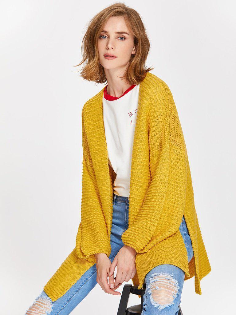 Drop Shoulder Lantern Sleeve Slit Textured Cardigan-outerwear-Des Mess