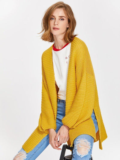 Drop Shoulder Lantern Sleeve Slit Textured Cardigan-outerwear-Des Mess