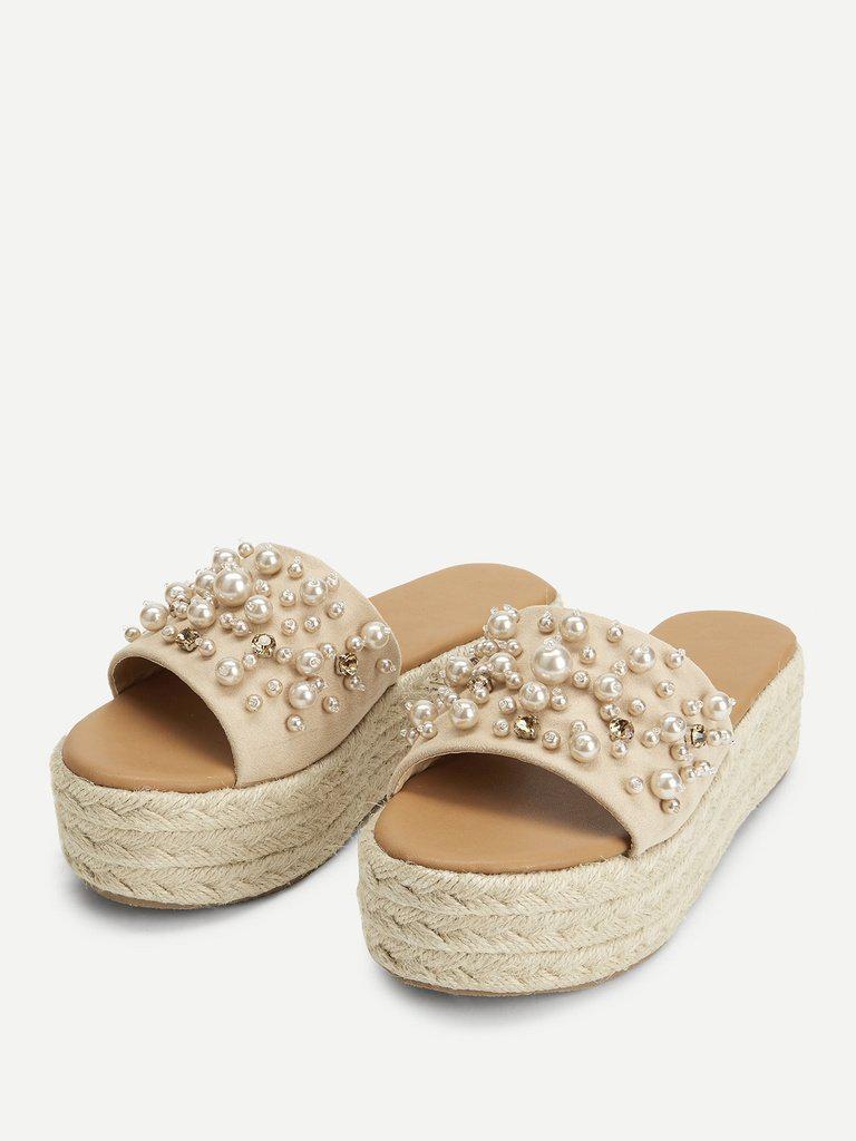 Faux Pearl Espadrille Platform Wedges-shoes-Des Mess