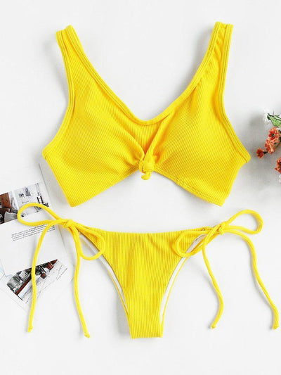 Knot Front Side Tie Ribbed Bikini Set-swimwear-Des Mess