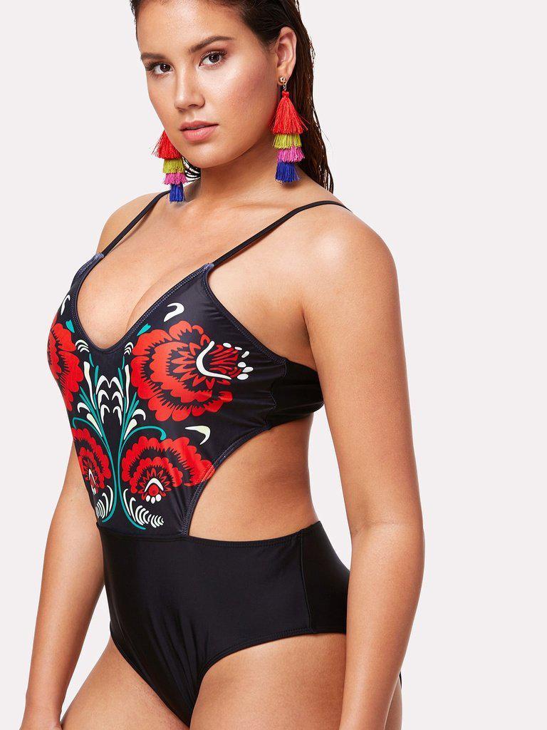 Flower Print Cutout Swimsuit-swimwear-Des Mess