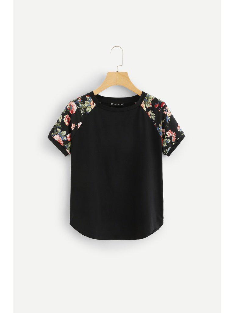 Contrast Raglan Sleeve Curved Hem Top & Floral Shorts PJ Set-loungewear-Des Mess