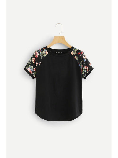Contrast Raglan Sleeve Curved Hem Top & Floral Shorts PJ Set-loungewear-Des Mess