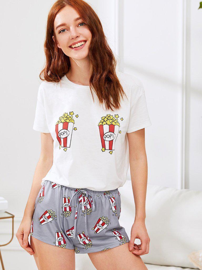 Popcorn Print Top And Shorts PJ Set-loungewear-Des Mess