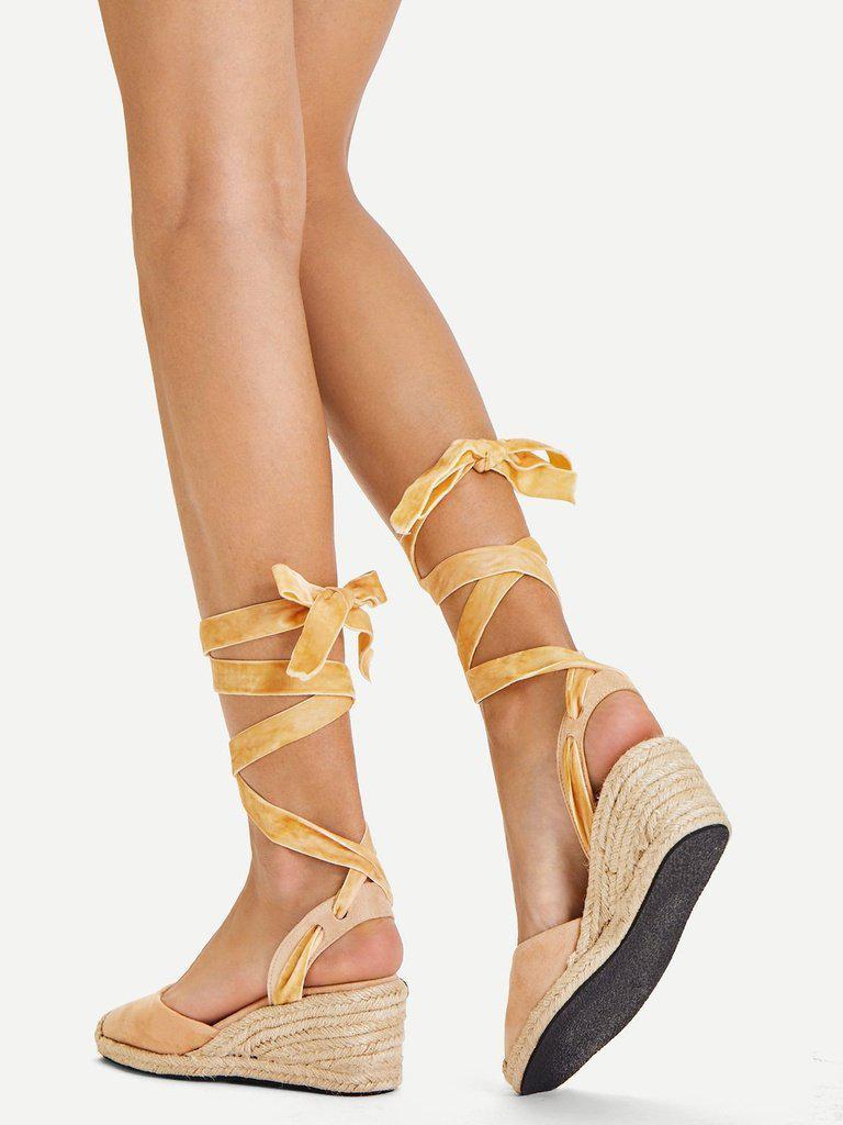 Tie Leg Velvet Cap Toe Wedges-shoes-Des Mess