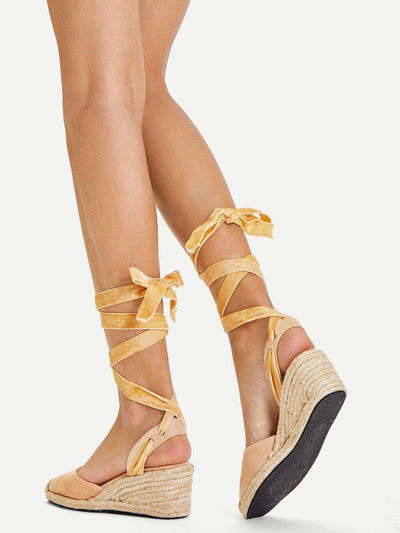 Tie Leg Velvet Cap Toe Wedges-shoes-Des Mess