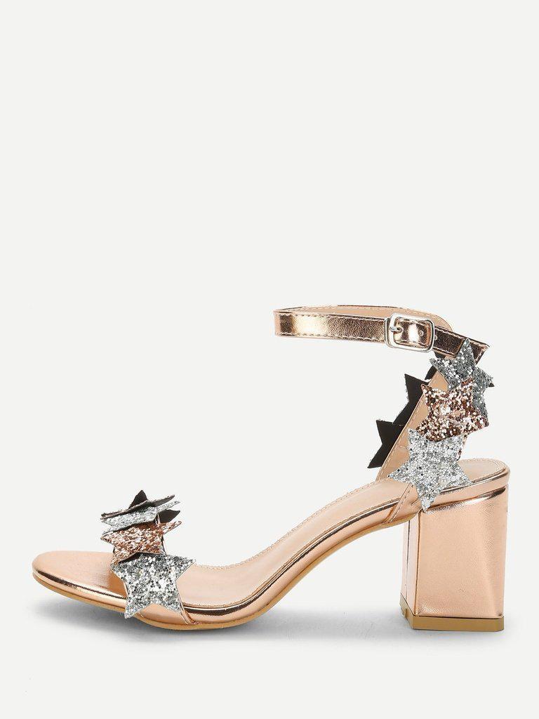 Glitter Star Detail Chunky Heeled Sandals-shoes-Des Mess