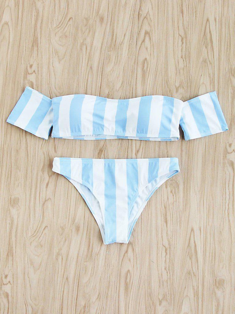 Block Striped Off The Shoulder Bikini Set-swimwear-Des Mess