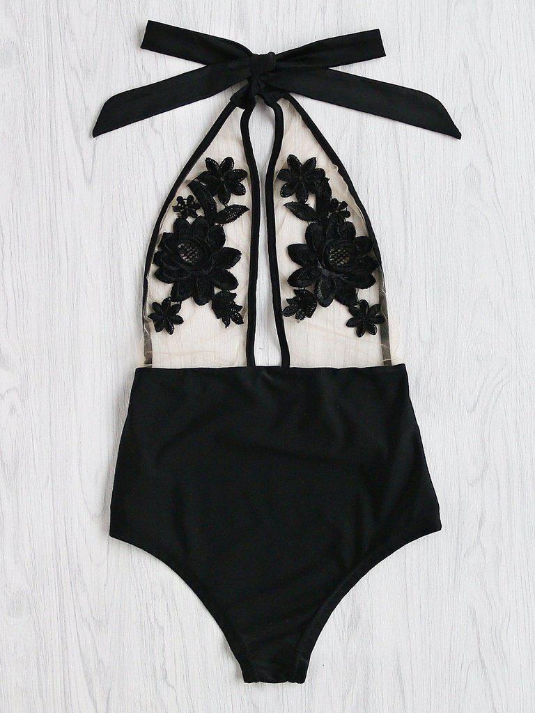 Flower Embroidery Halter Mesh Swimsuit-swimwear-Des Mess