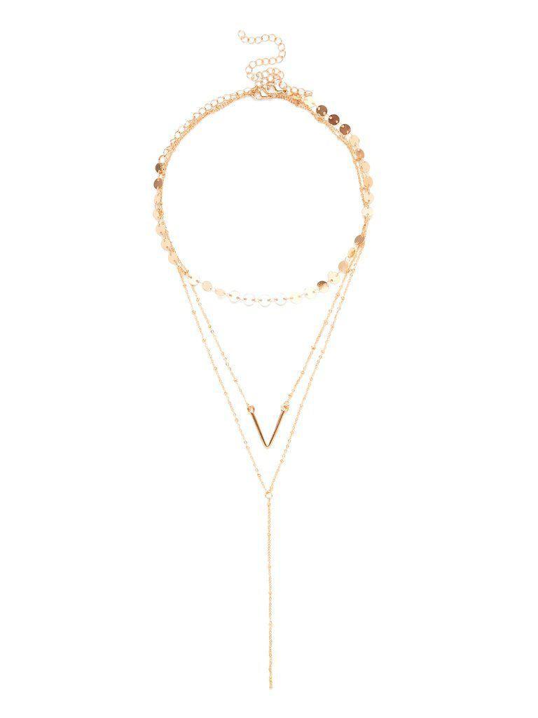 Letter V & Sequin Detail Layered Chain Necklace-jewelry-Des Mess