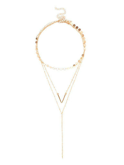 Letter V & Sequin Detail Layered Chain Necklace-jewelry-Des Mess