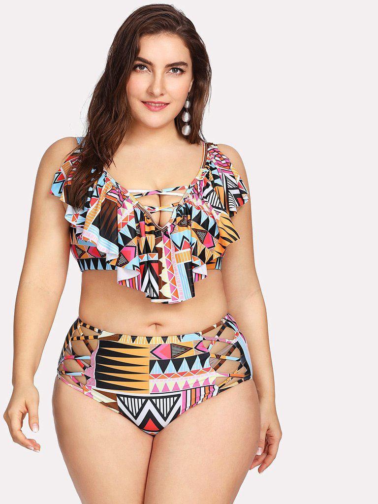 Geometric Pattern Flounce Bikini Set-swimwear-Des Mess