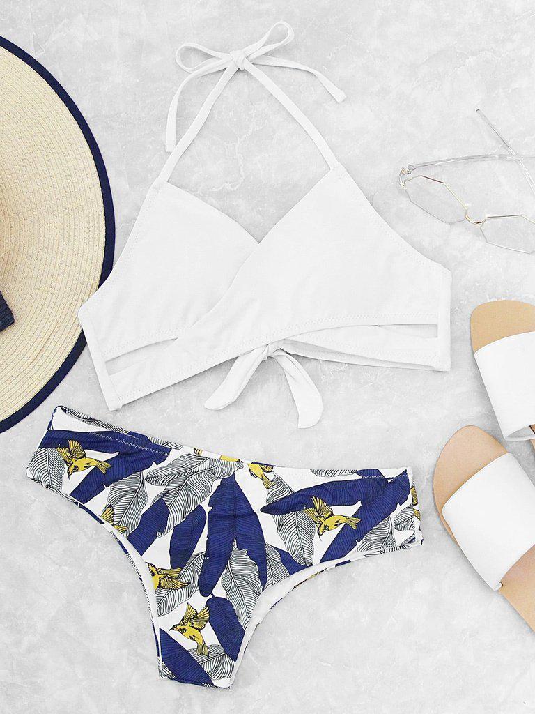 Palm Print Wrap Tie Back Bikini Set--Des Mess