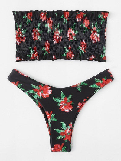 Floral Print Shirred Bikini Set-swimwear-Des Mess