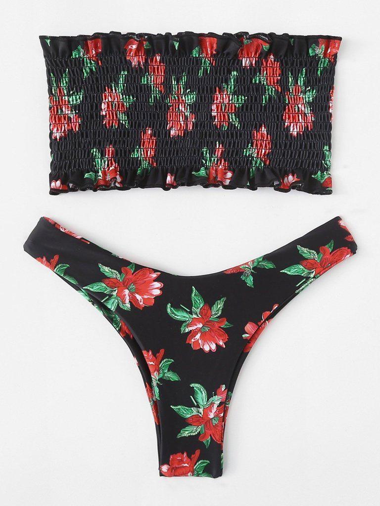 Floral Print Shirred Bikini Set-swimwear-Des Mess