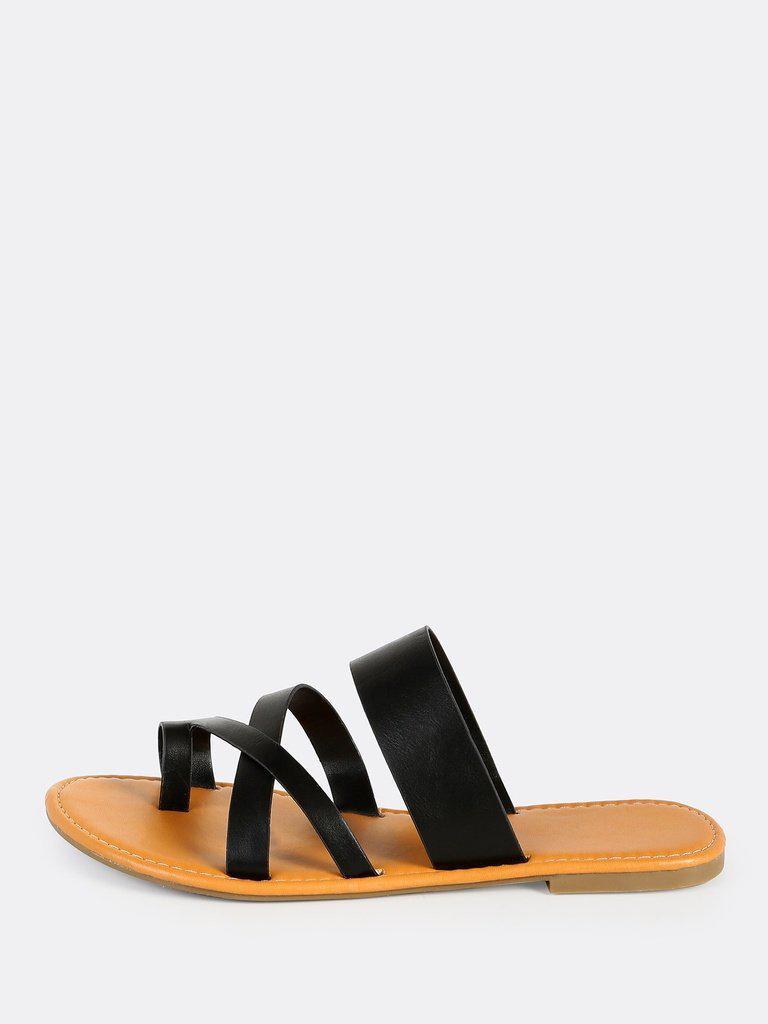 Faux Leather Toe Ring Sandals BLACK-shoes-Des Mess