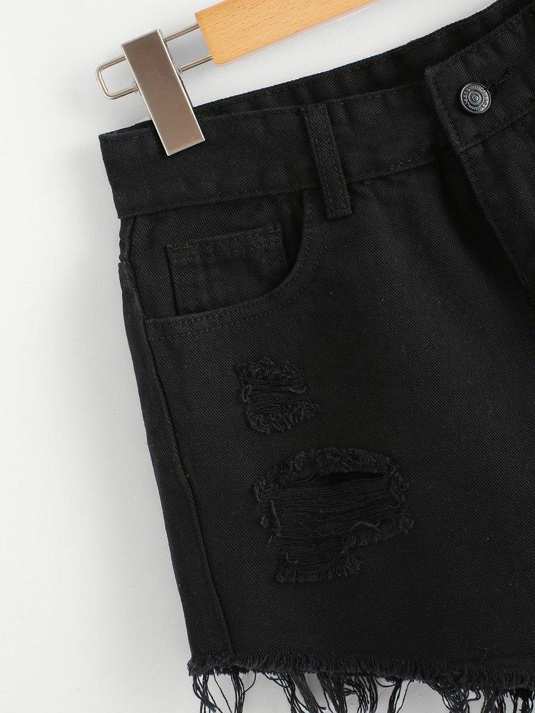Frayed Hem Ripped Denim Shorts-bottom-Des Mess
