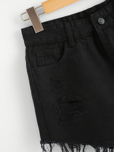 Frayed Hem Ripped Denim Shorts-bottom-Des Mess