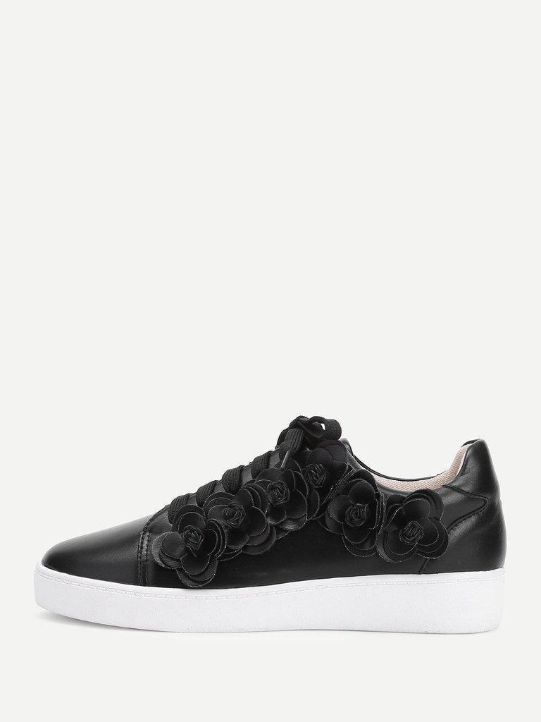 Floral Appliqued Lace Up Sneakers-shoes-Des Mess