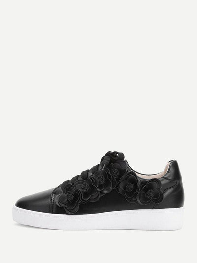 Floral Appliqued Lace Up Sneakers-shoes-Des Mess