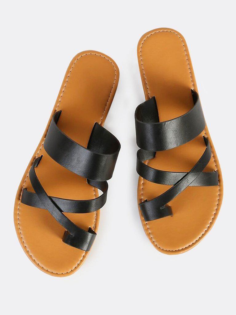 Faux Leather Toe Ring Sandals BLACK-shoes-Des Mess