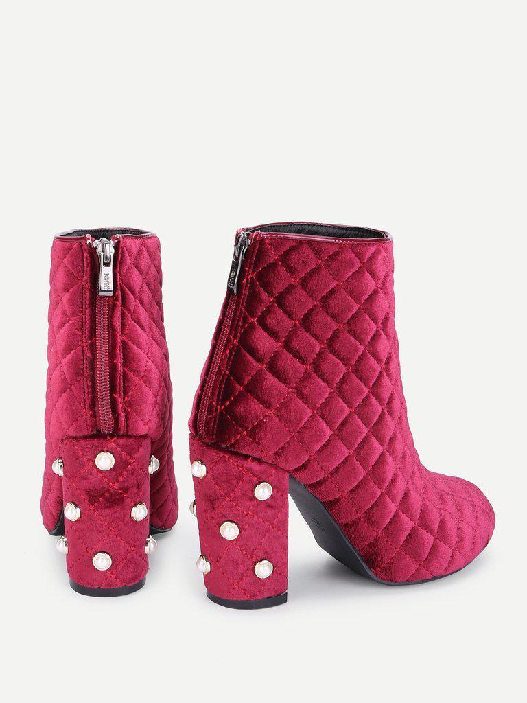 Faux Pearl Quilted Block Heeled Ankle Boots-shoes-Des Mess