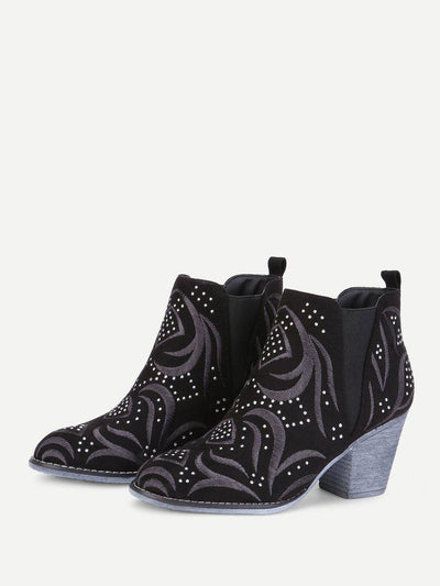 Embroidery Detail Block Heeled Ankle Boots-shoes-Des Mess