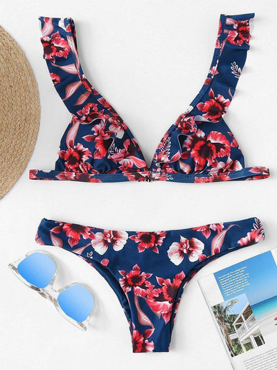 Flower Print Ruffle Bikini Set--Des Mess