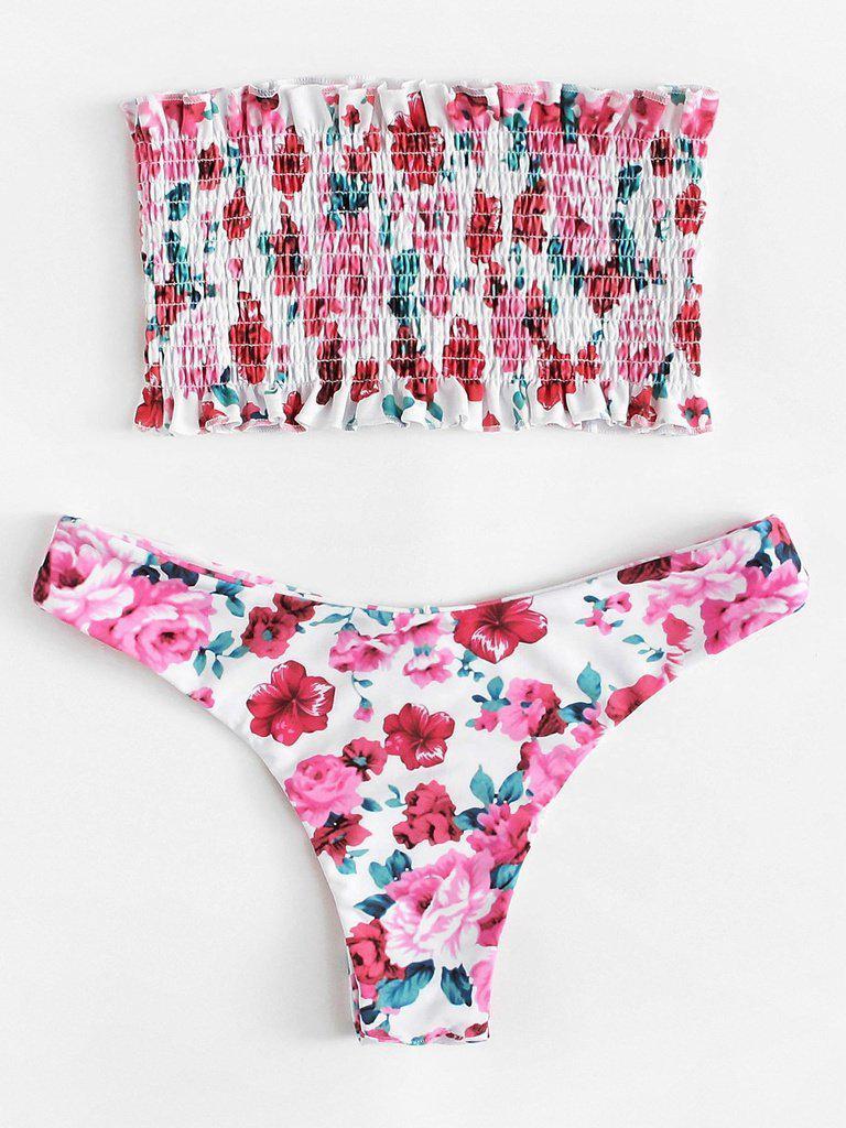 Floral Print Frill Trim Shirred Bikini Set-swimwear-Des Mess