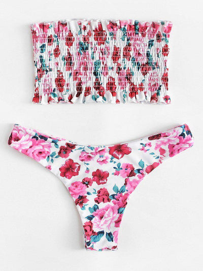 Floral Print Frill Trim Shirred Bikini Set-swimwear-Des Mess