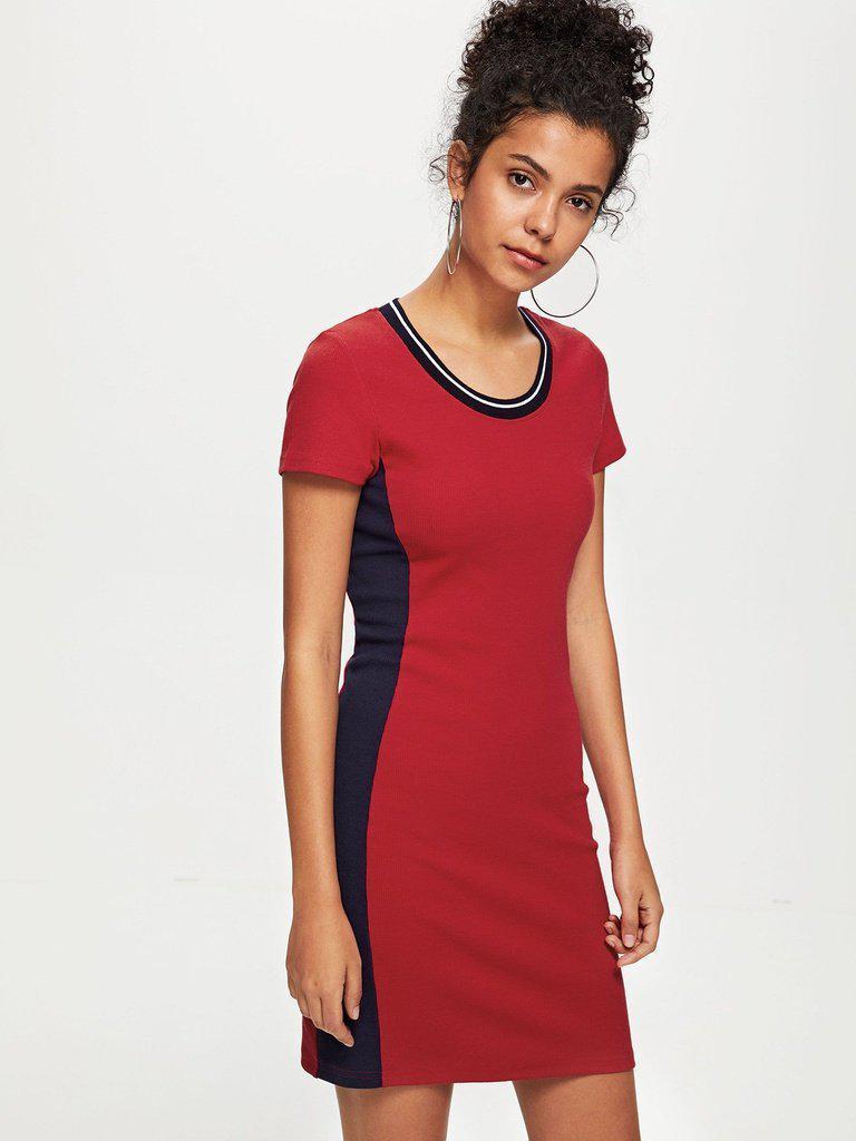 Striped Neck Fitted Dress-sportswear-Des Mess