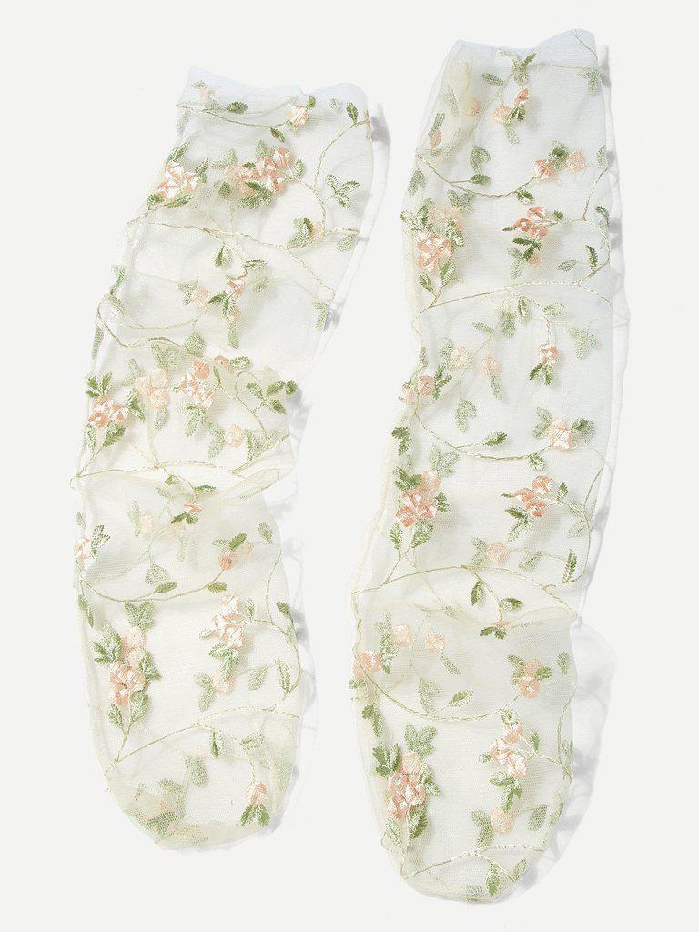 Embroidered Flower Mesh Slouch Socks-accessories-Des Mess