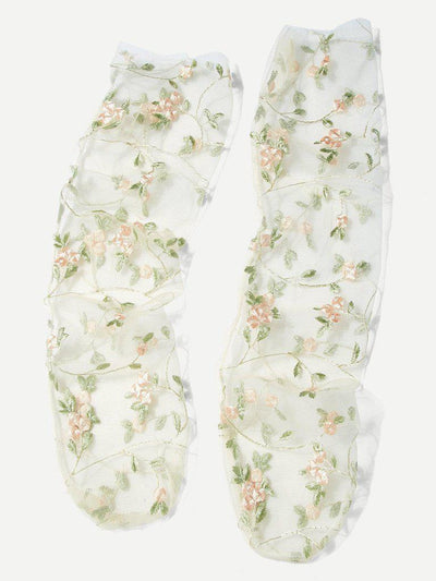 Embroidered Flower Mesh Slouch Socks-accessories-Des Mess