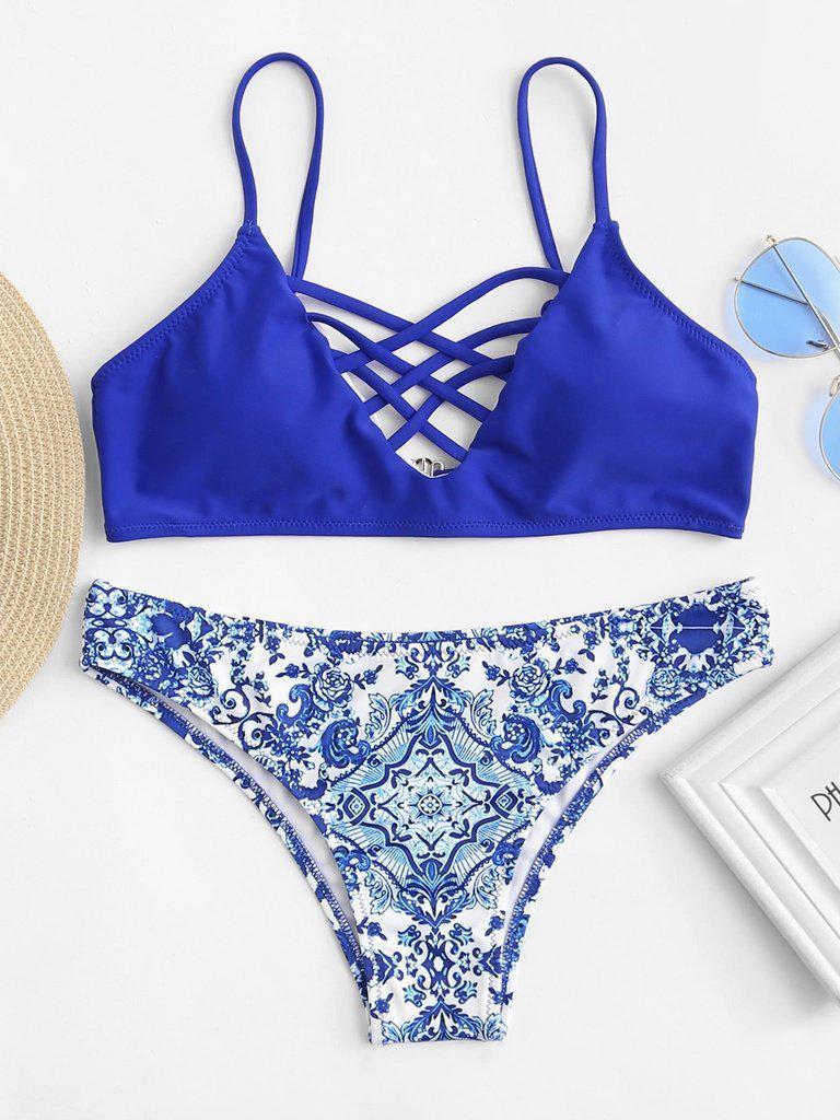 Criss Cross Front Porcelain Print Bikini Set-swimwear-Des Mess