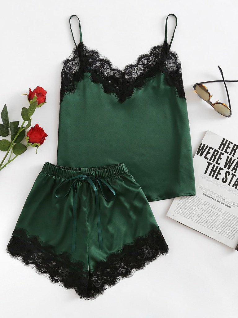 Lace Trim Satin Cami And Shorts Pajama Set-loungewear-Des Mess