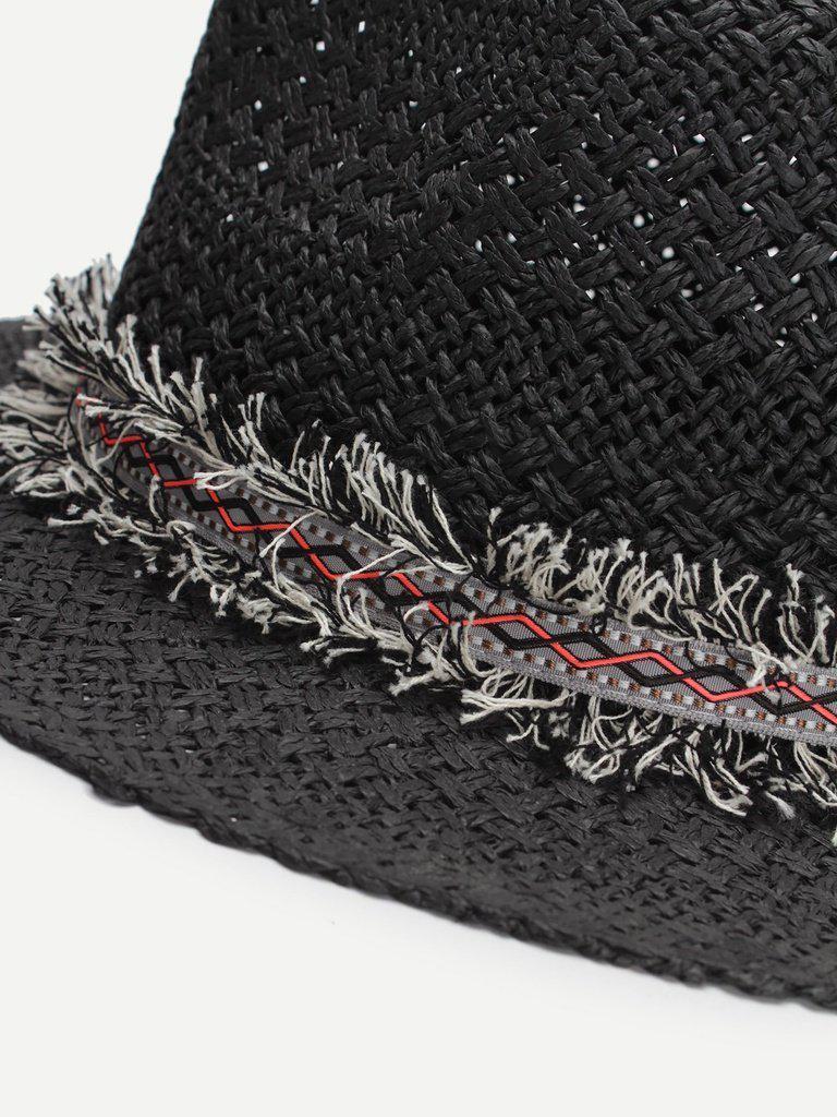 Frayed Band Straw Fedora Hat-accessories-Des Mess