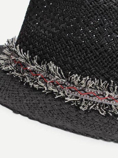 Frayed Band Straw Fedora Hat-accessories-Des Mess