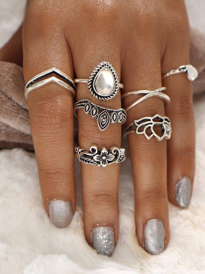 Hollow Flower Design Ring Set 7pcs-jewelry-Des Mess