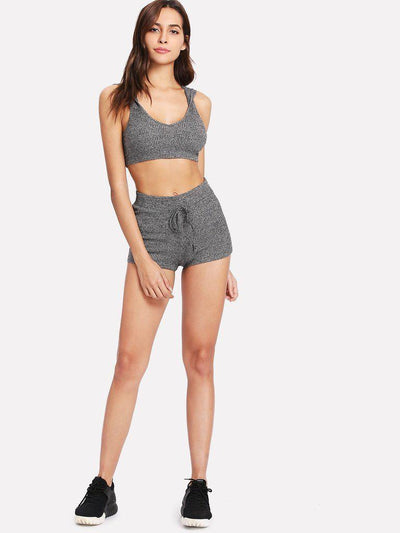 Marled Hoodie Sports Bra & Drawstring Shorts Set-sportswear-Des Mess