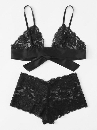 Tie Front Lace Bralette And Pantie Lingerie Set-lingerie-Des Mess