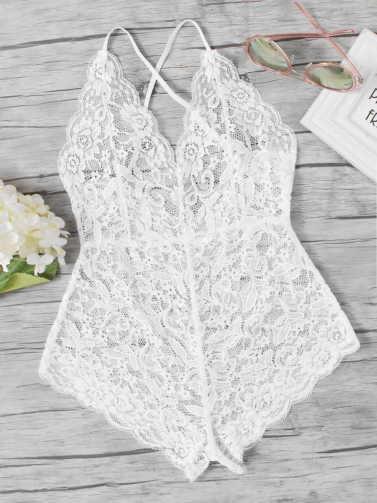 Scalloped Trim Criss Cross Lace Bodysuit-lingerie-Des Mess