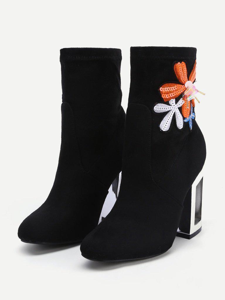 Flower Embroidery Clear Heeled Boots-shoes-Des Mess