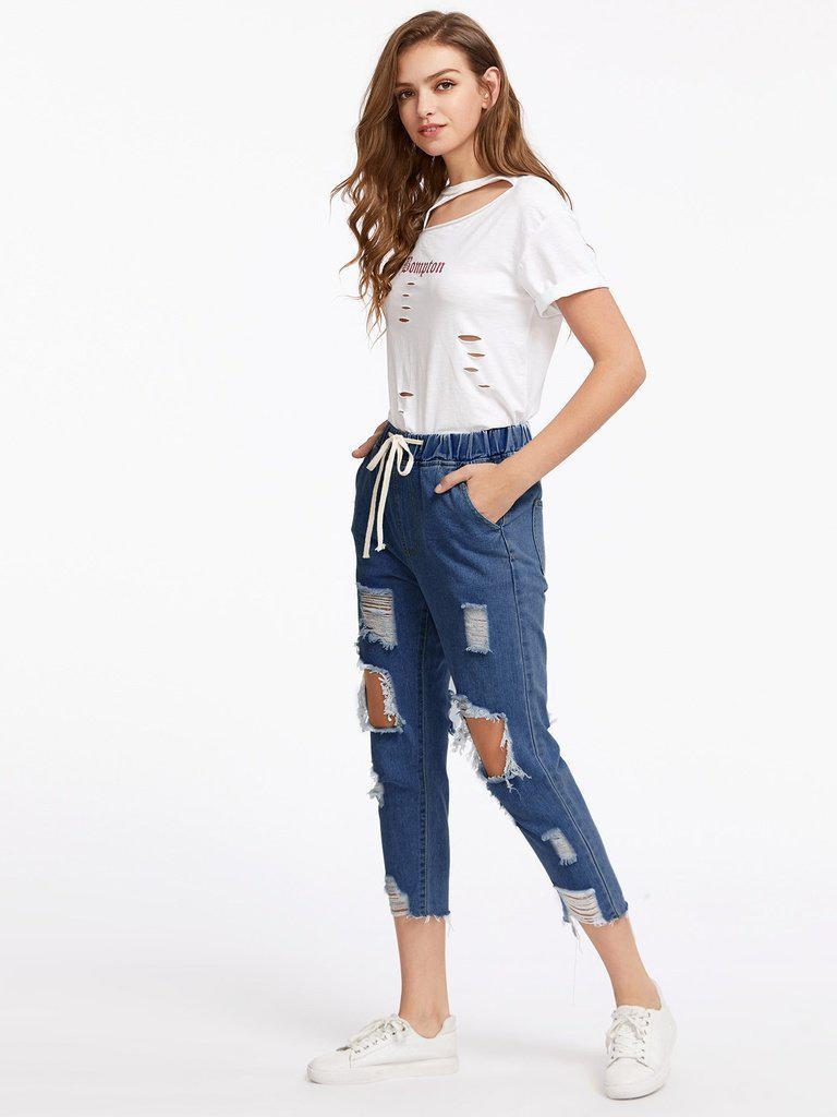 Extreme Destroyed Raw Hem Drawstring Waist Crop Jeans-bottom-Des Mess