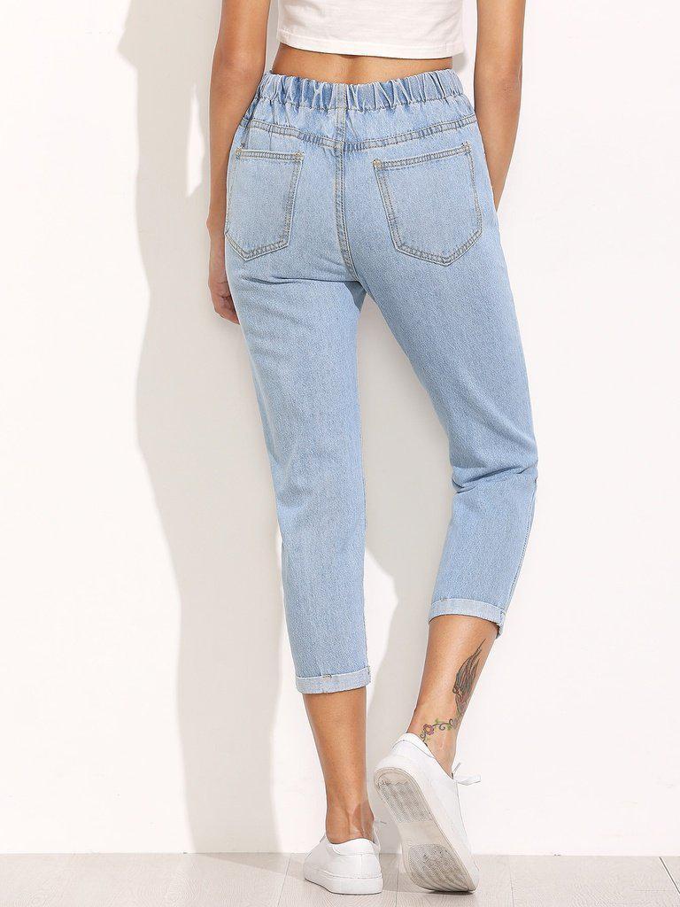 Distressed Drawstring Waist Cropped Jeans-bottom-Des Mess