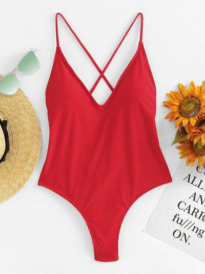 Criss Cross Back Ruched Detail Plunge Swimsuit-swimwear-Des Mess