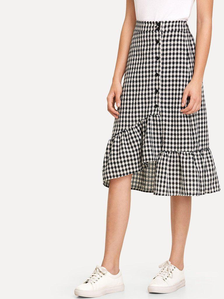Single Breasted Ruffle Hem Checked Skirt-bottom-Des Mess