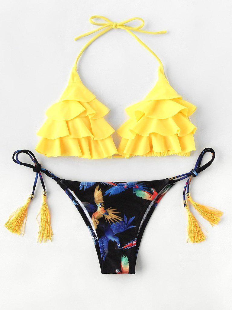 Bird Print Tassel Tie Flounce Bikini Set-swimwear-Des Mess